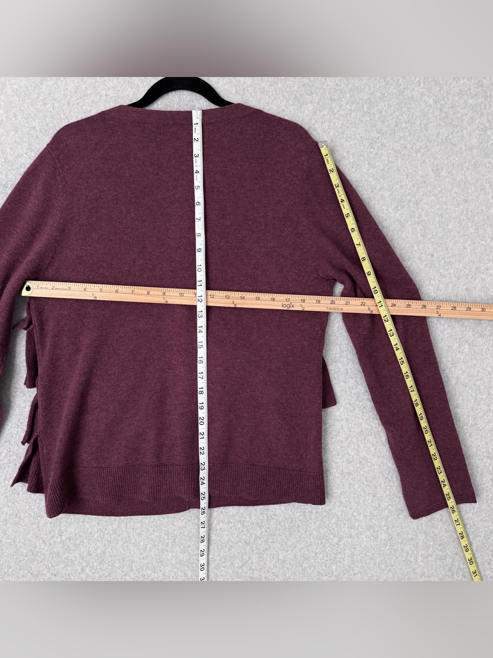 Garnet Hill Cardigan Sweater Large Burgundy Purple Red Wool V-neck Ruffle Front - Picture 13 of 15